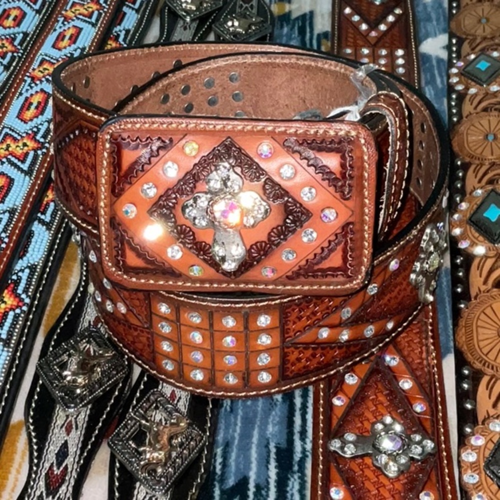 Western cross leather belt